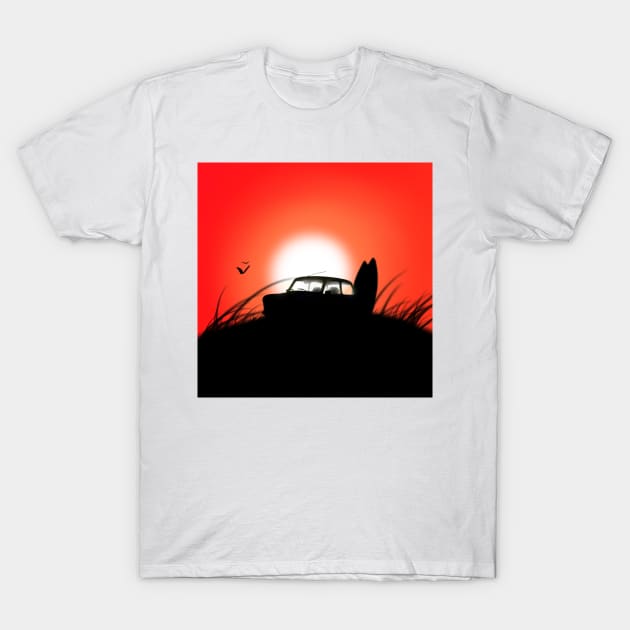 Classic Mini Sunset Surfboard Red T-Shirt by jdm1981